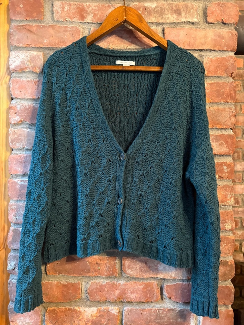 American Eagle Outfitters Teal Openwork V-Neck Button Cardigan